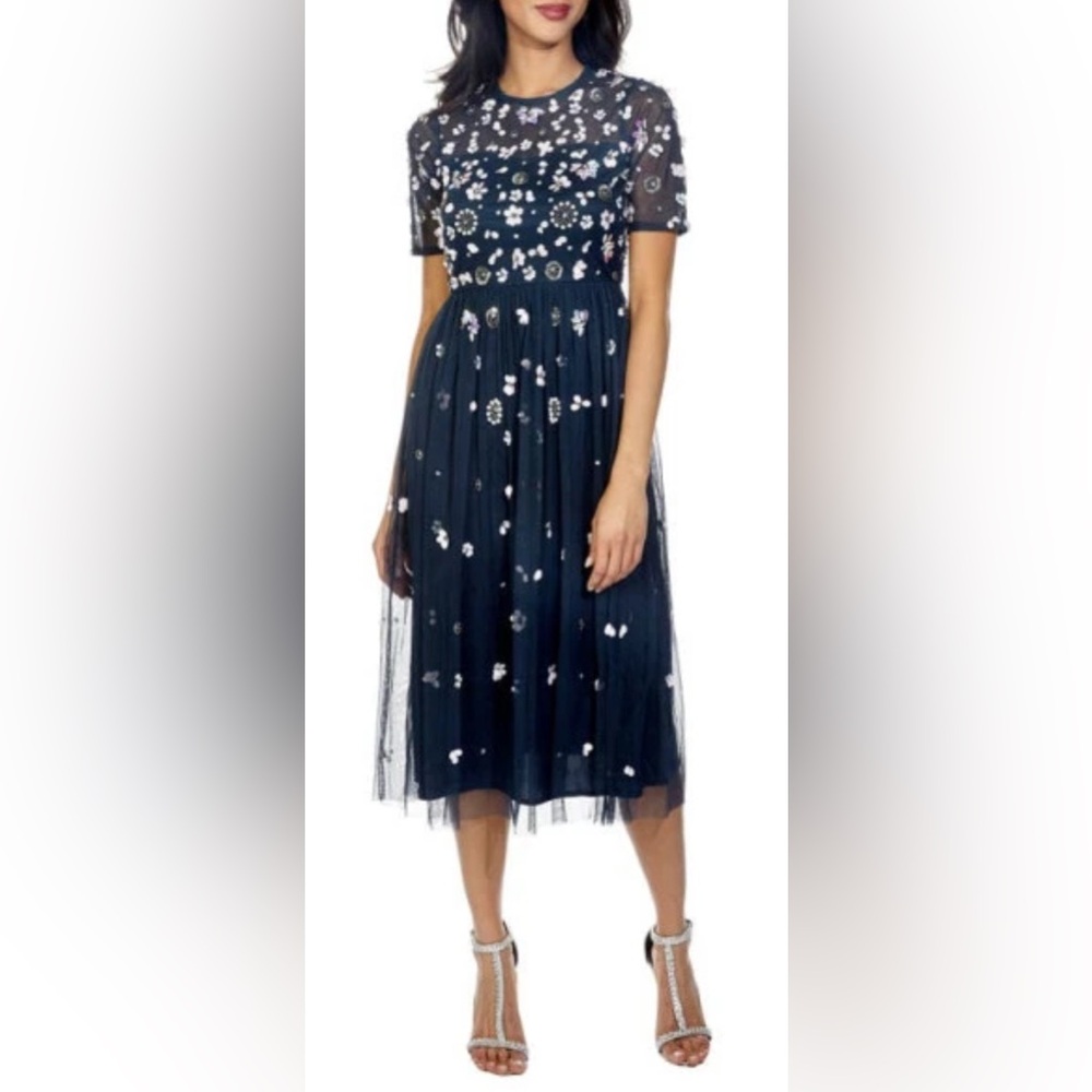 Lace & Beads Baby Sequin Midi Dress in Navy Size Large